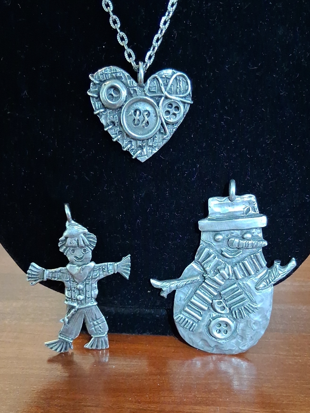 Marcie Pewter Heart & Snowman Pendant. Unsigned Scarecrow Set
